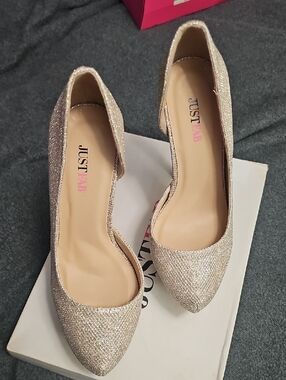 JustFab Glitter Pointed Toe Flats in Champagne Gold